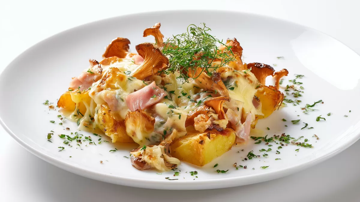 Bratkartoffel Pfifferling Gratin mit Schinken und Käse