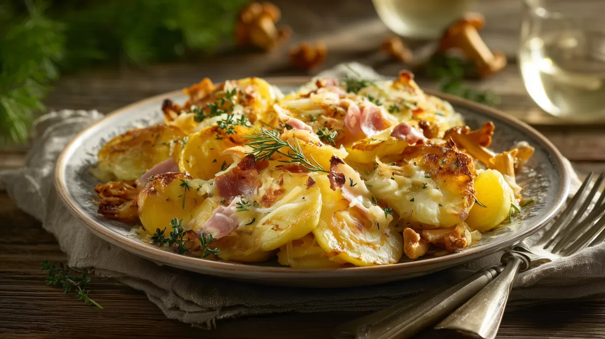 Bratkartoffel Pfifferling Gratin mit Speck und Kräutern