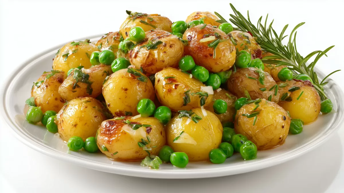 Bratkartoffeln mit Erbsen und Rosmarin auf Teller