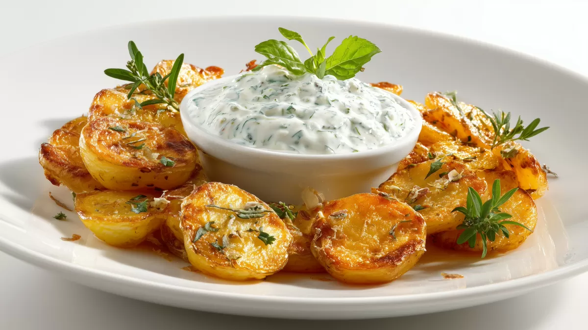 Bratkartoffeln mit Kräuterquark auf weißem Teller