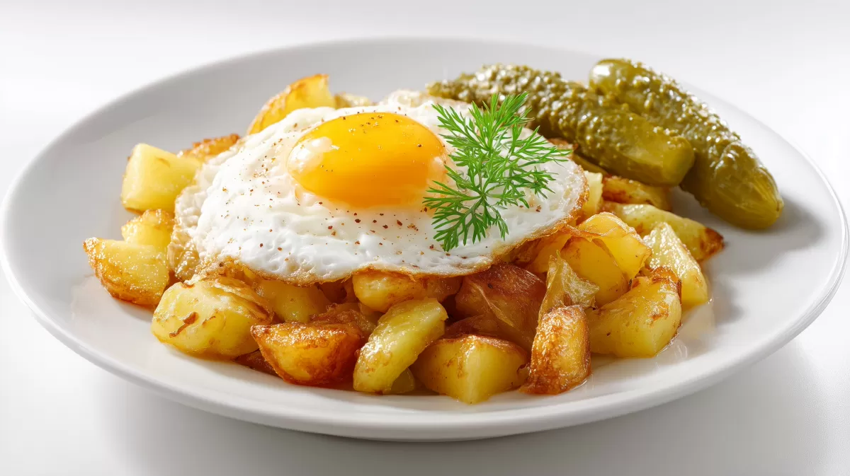 Bratkartoffeln mit Spiegelei und Gürkchen auf Teller