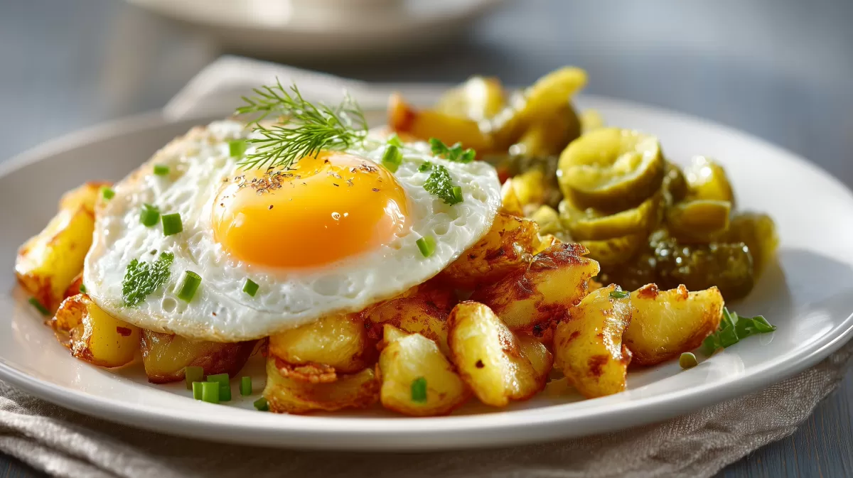 Bratkartoffeln mit Spiegelei und Gürkchen