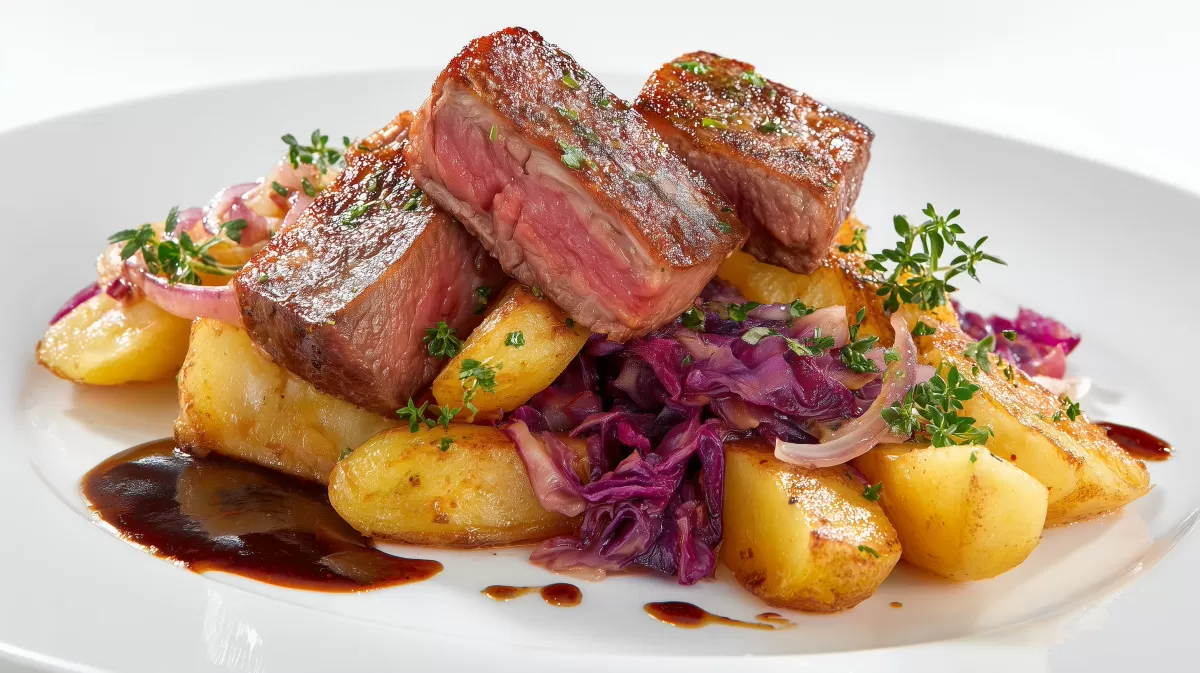 Bratkartoffeln mit Steak und Jaromakohl auf Teller