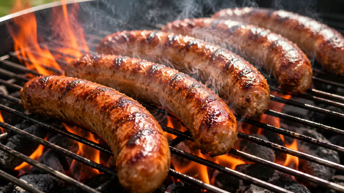 Bratwürste auf dem Holzkohlegrill mit offenen Flammen