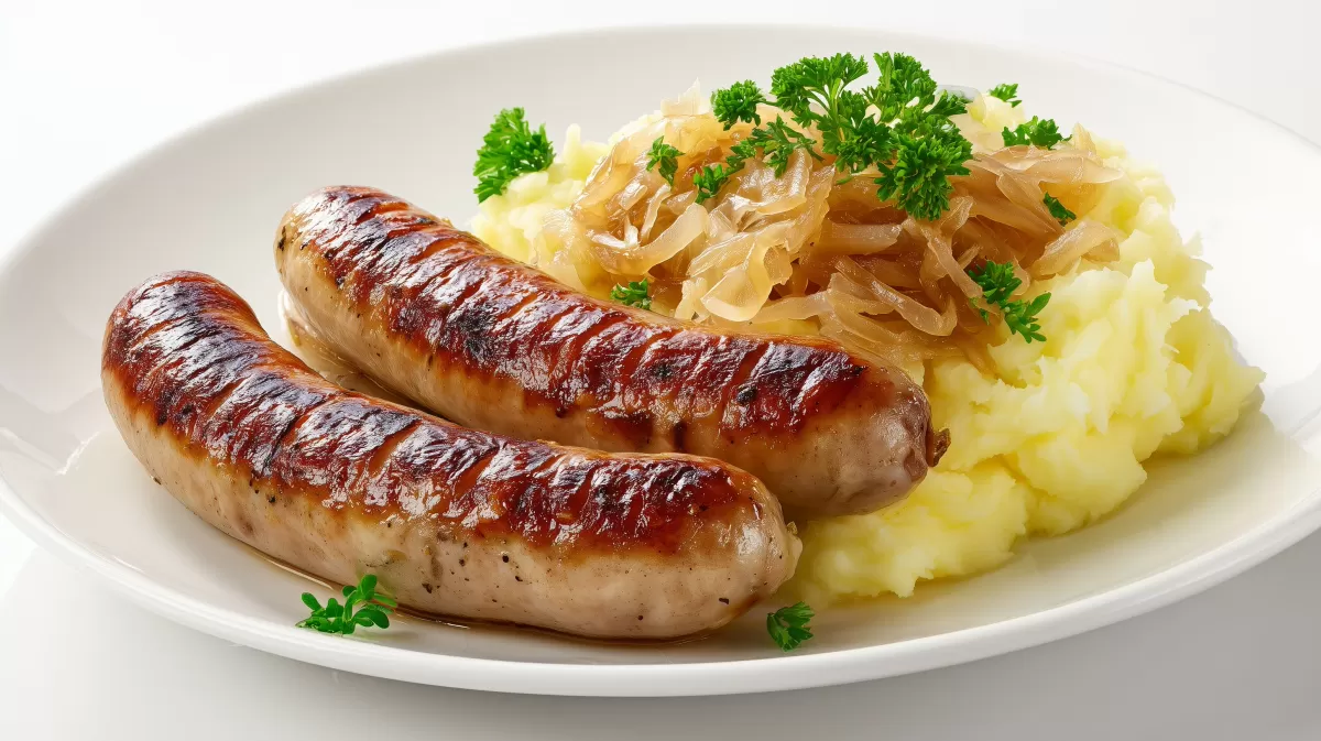 Bratwurst mit Sauerkraut und Kartoffelpüree auf Teller
