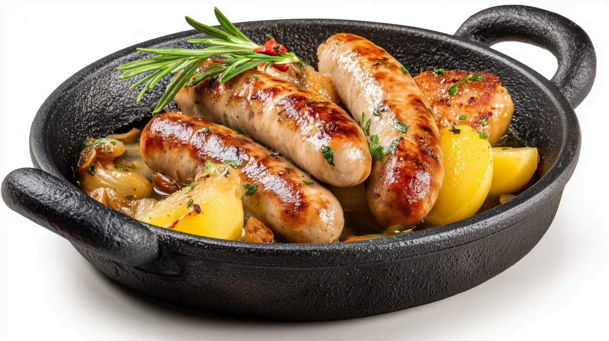 Bratwurst Pfanne mit Kartoffeln und Rosmarin