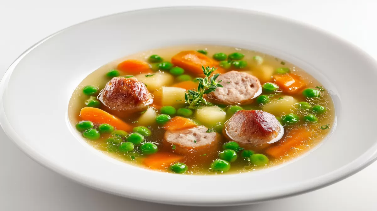 Bratwurstsuppe mit Erbsen und Möhren im Teller