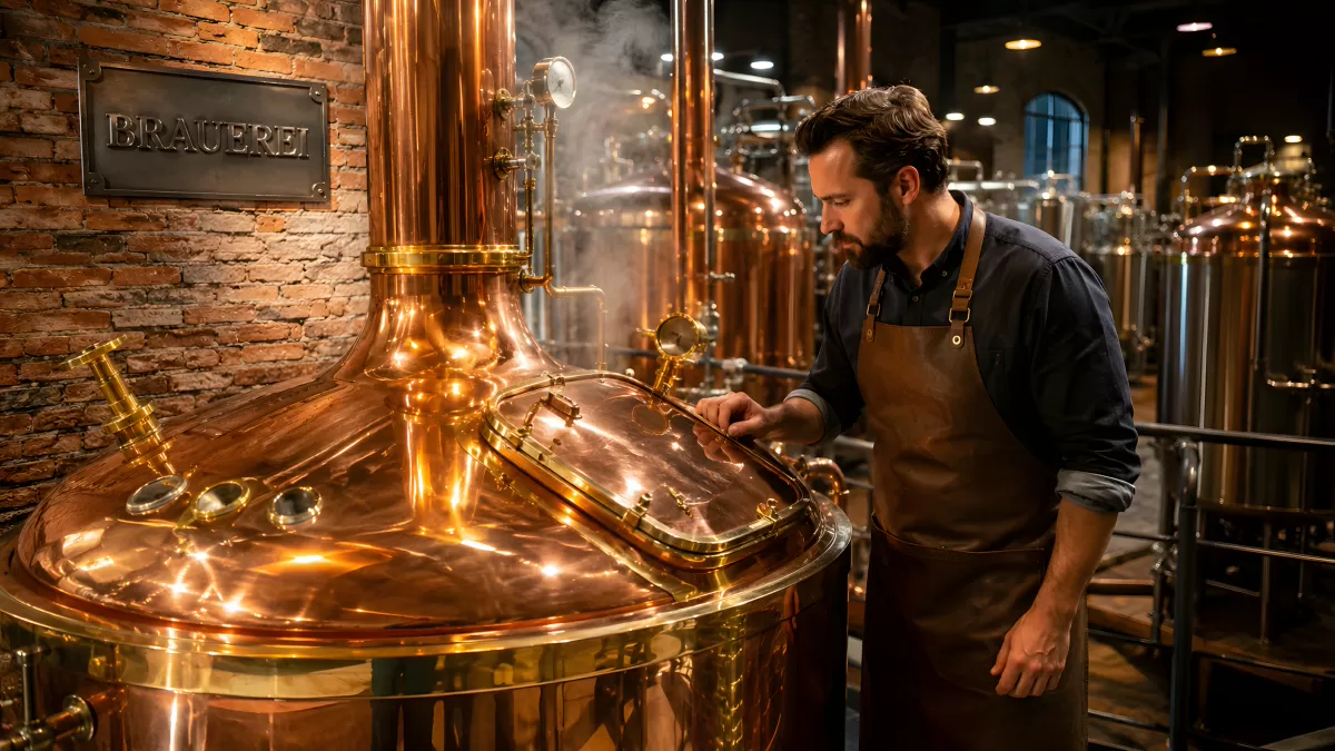 Brauer kontrolliert dampfenden Kupferkessel in Brauerei