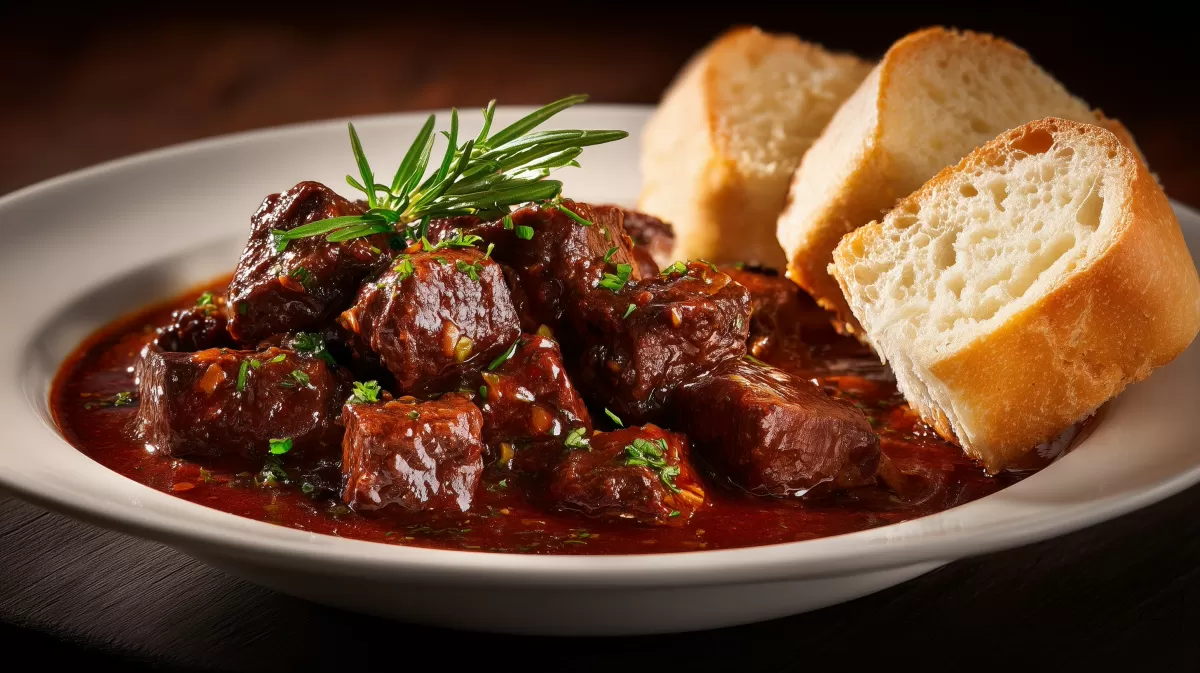 Brauhaus Gulasch mit Brot in dunkler Soße