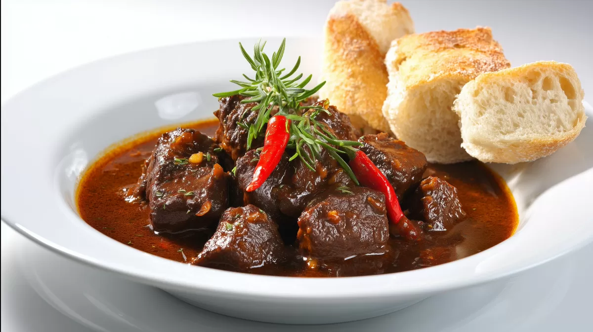 Brauhaus Gulasch mit Brot und Chili in Schüssel