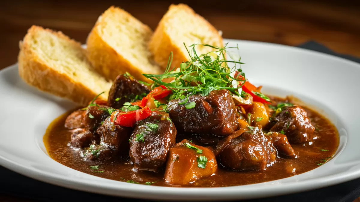 Brauhaus Gulasch mit Brot und frischen Kräutern