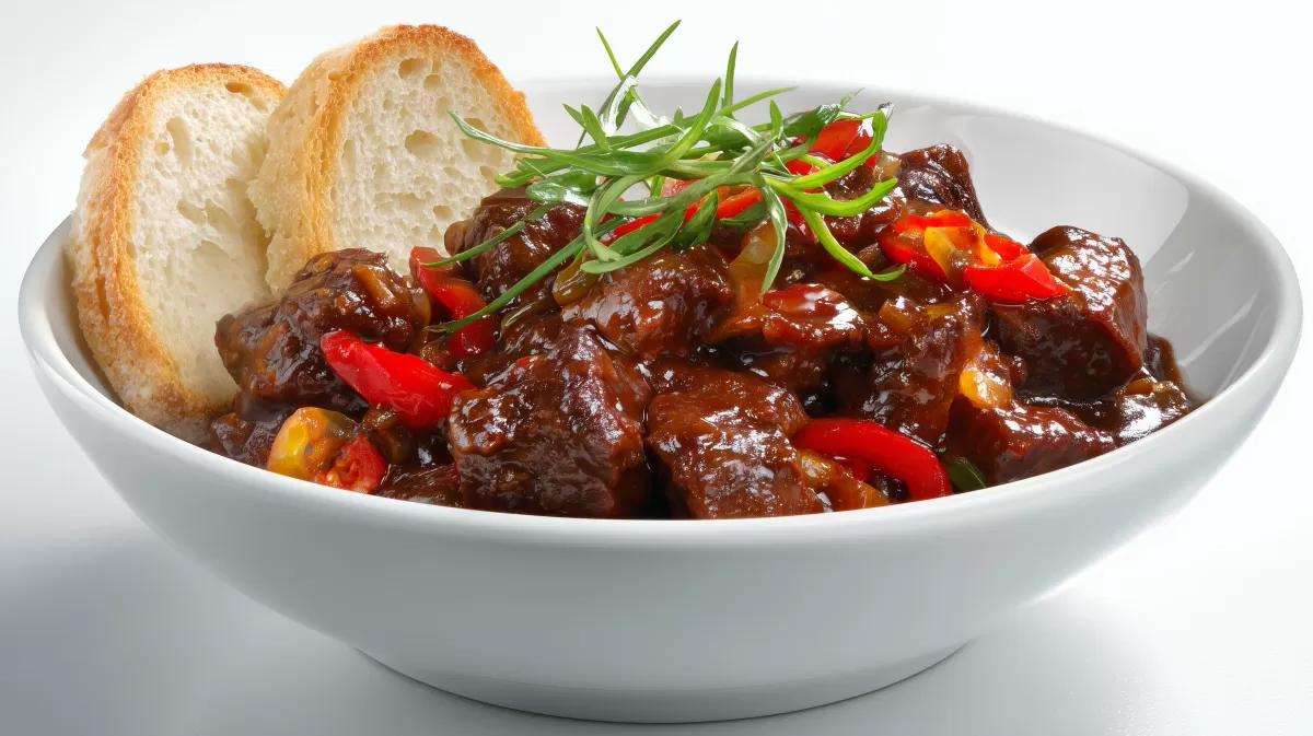 Brauhaus Gulasch mit Paprika und Baguette