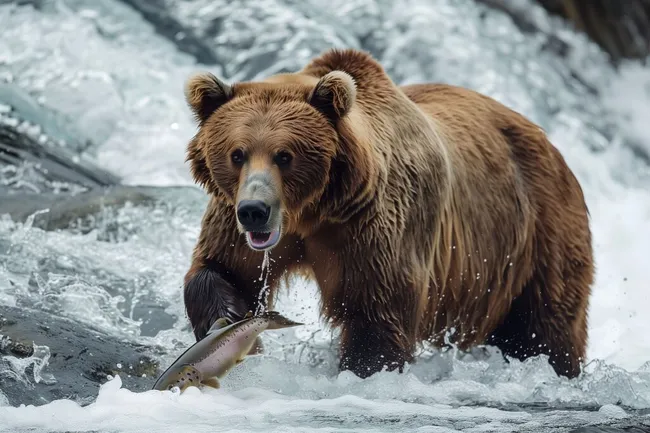 Braunbär fängt Lachs in eiskaltem Fluss