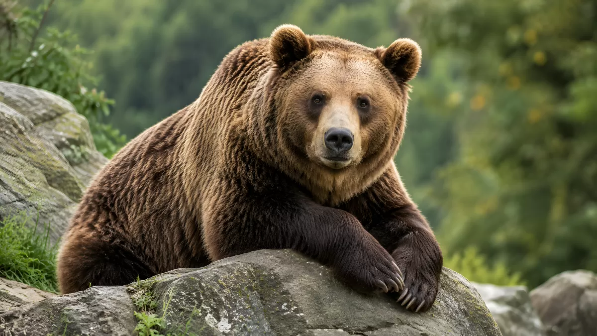 Braunbär ruht auf Felsen in grüner Waldlandschaft