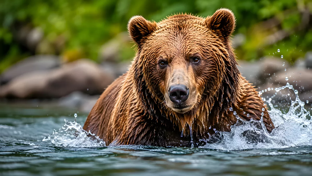 Braunbär watet durch reißenden Fluss im Wald