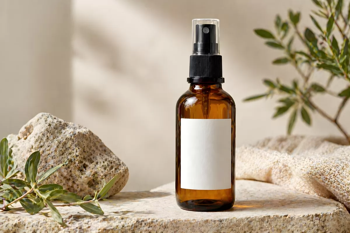 Braune Glasflasche mit Sprühkopf auf Naturstein