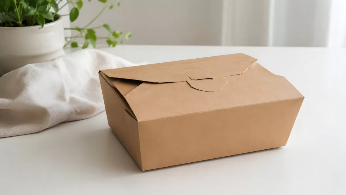 Braune Kraftpapier-Box auf weißem Tisch mit Pflanze