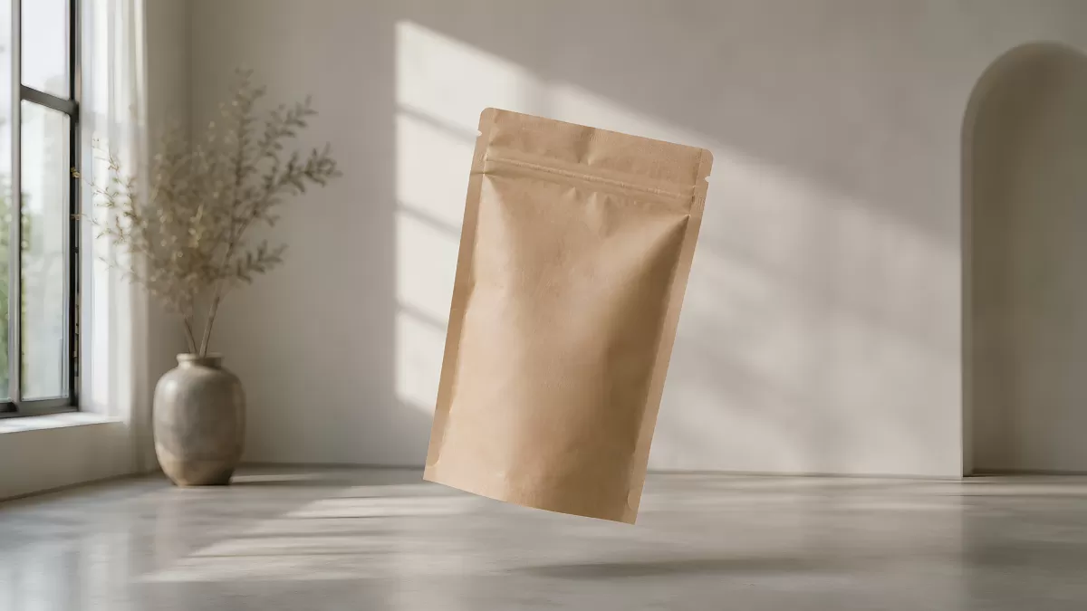 Braune Kraftpapier-Standbodenbeutel schwebt im Raum