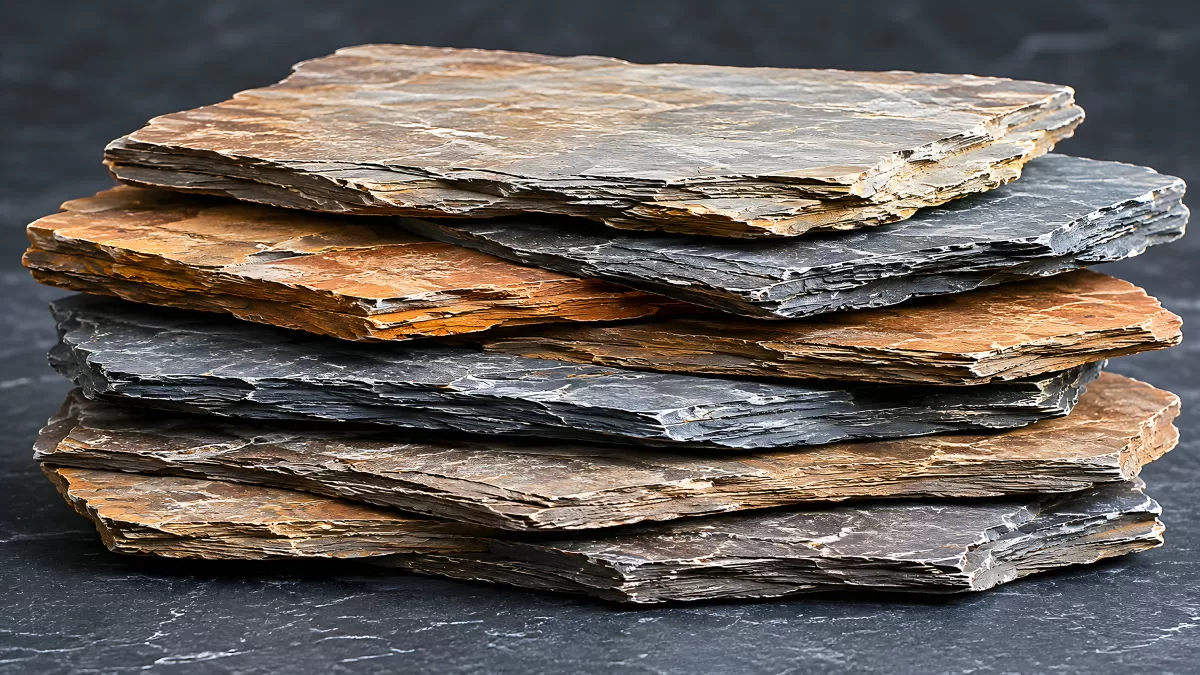 Braune und graue Schieferplatten aufgestapelt