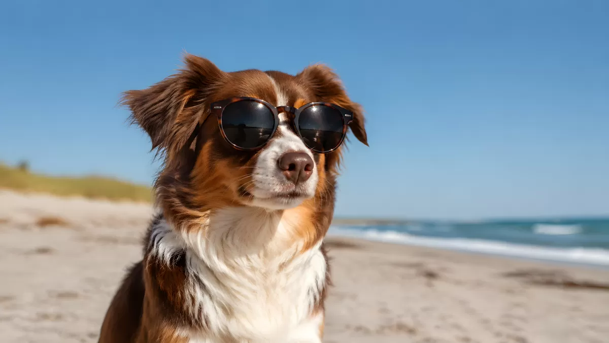 Brauner Border Collie mit Sonnenbrille am Strand