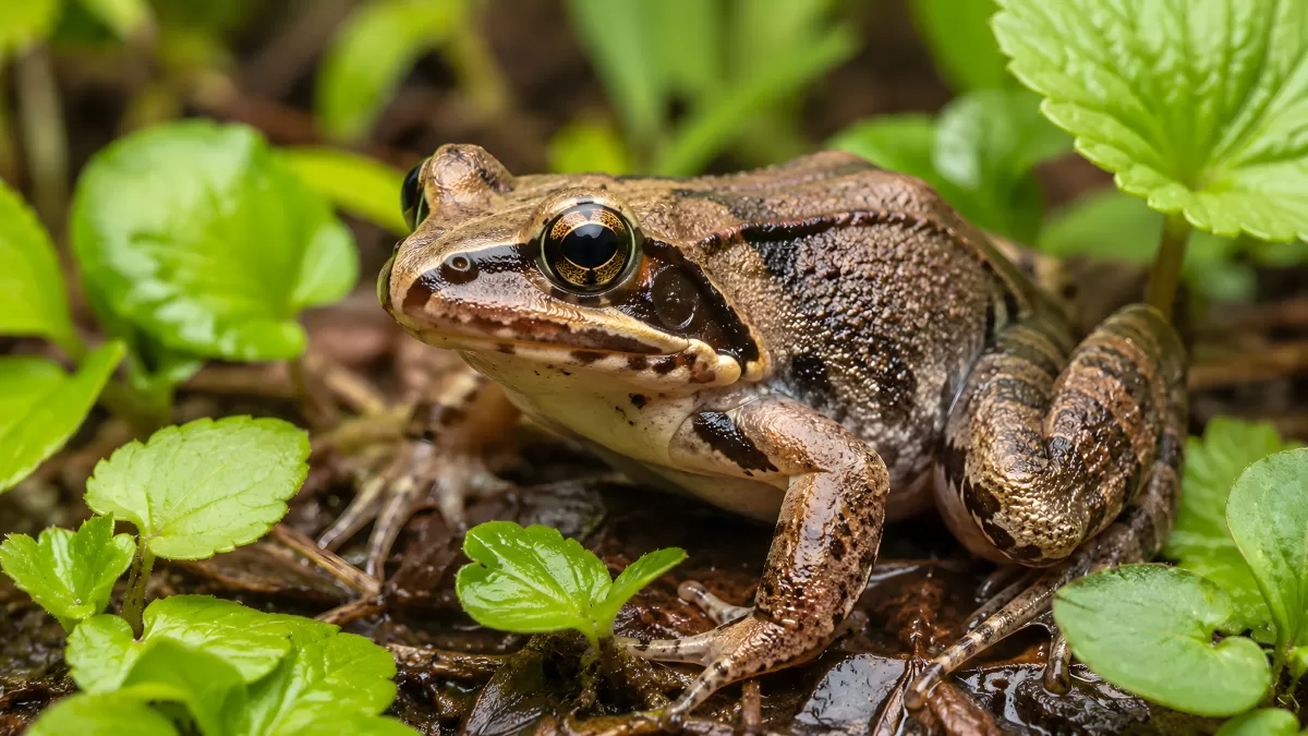 Brauner Frosch sitzt zwischen grünen Blättern im Moos