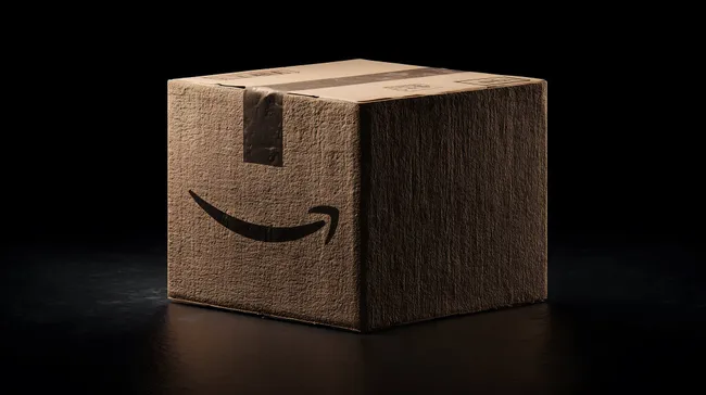 Brauner Karton mit Amazon-Logo auf dunklem Hintergrund