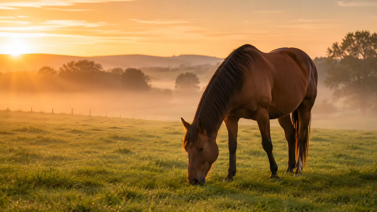 Braunes Pferd grast bei goldenem Sonnenaufgang im Nebel