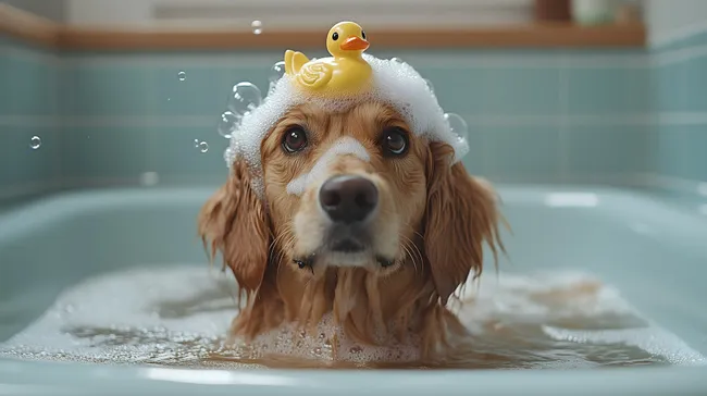 Brausendes Hundeporträt mit gelbem Entchen