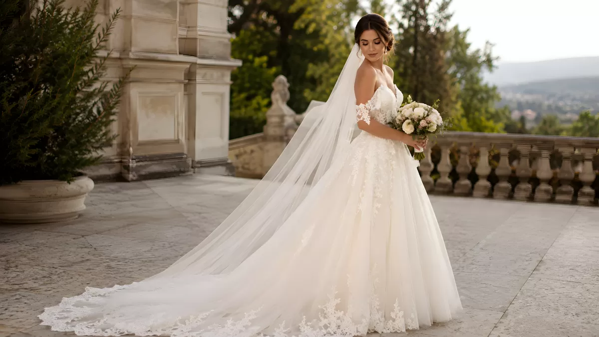 Braut im Ballkleid auf Schlossterrasse mit Schleier