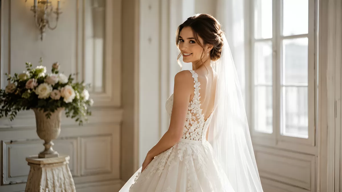 Braut im Spitzenkleid dreht sich lächelnd um