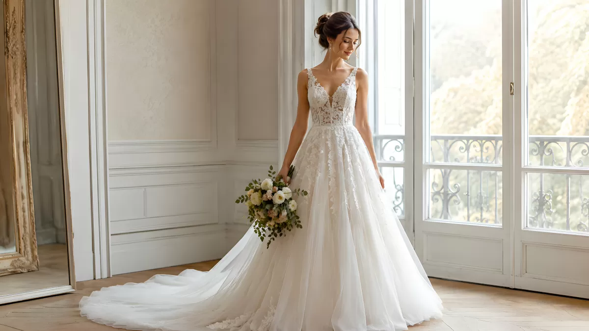 Braut im weißen Spitzenkleid vor Fenster mit Blumenstrauß