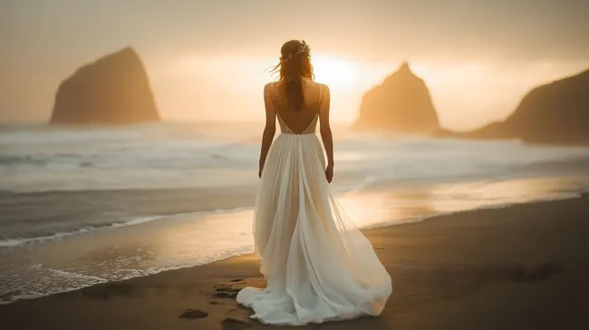 Braut in fließendem Hochzeitskleid am Strand bei Sonnenuntergang