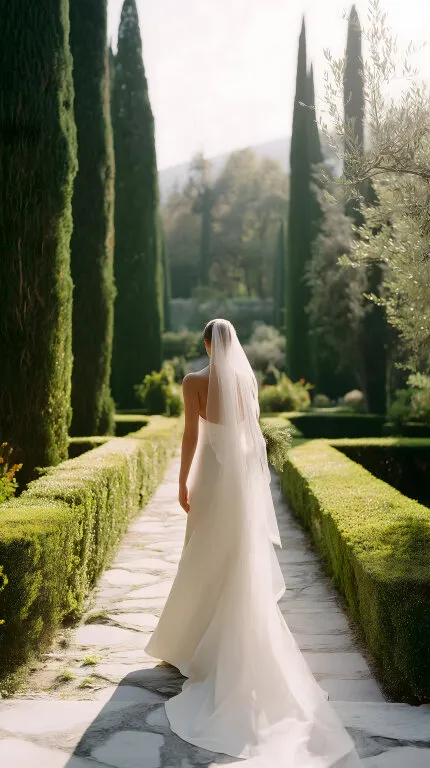 Braut in weißem Hochzeitskleid im eleganten Garten