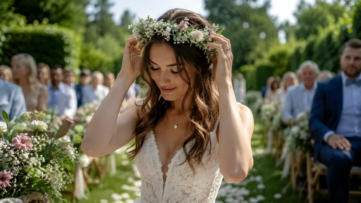 Braut mit Blumenkranz bei sommerlicher Gartentrauung