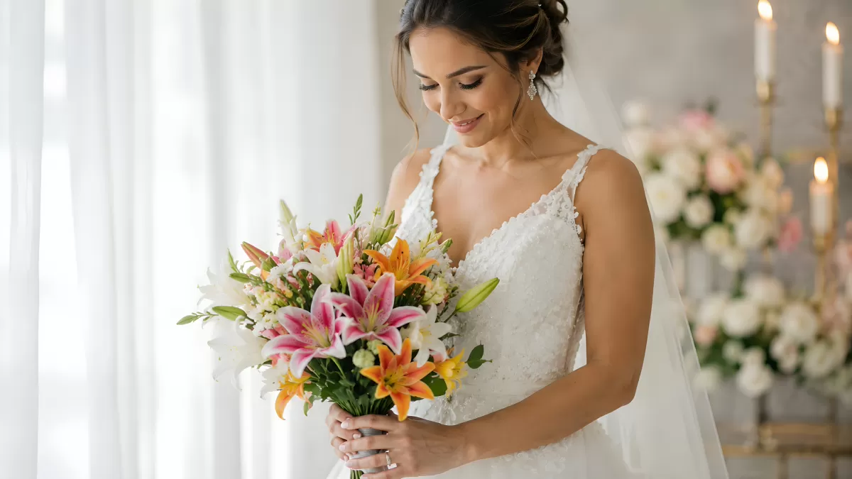 Braut mit buntem Lilienstrauß am Hochzeitstag