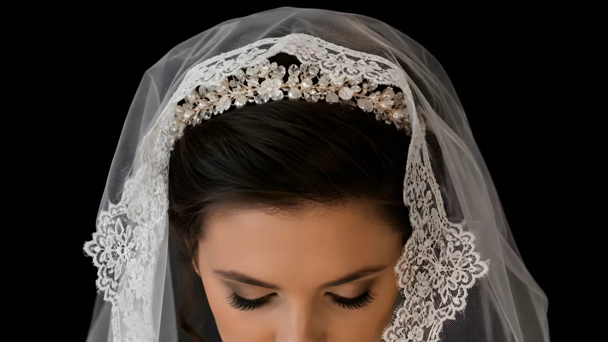 Braut mit Spitzenschleier und Perlen-Tiara von vorne
