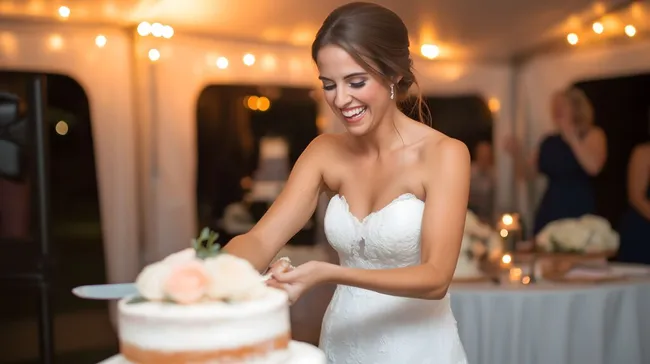 Braut schneidet Hochzeitstorte bei romantischer Feier an