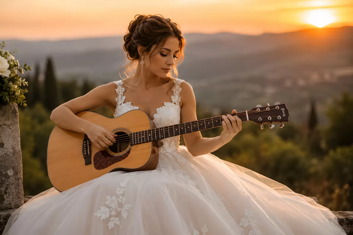 Braut spielt Gitarre bei goldenem Sonnenuntergang