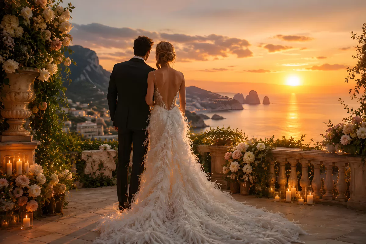 Brautpaar auf Terrasse bei Sonnenuntergang am Meer