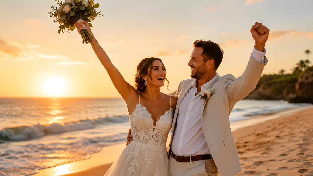 Brautpaar feiert Strandhochzeit beim Sonnenuntergang
