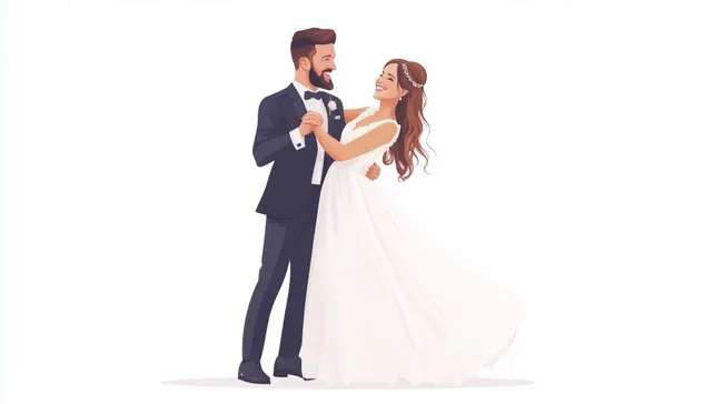 Brautpaar genießt den Hochzeitstanz auf weißem Hintergrund