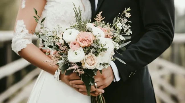 Brautpaar mit elegantem Hochzeitsstrauß bei Trauung