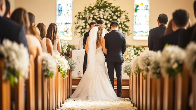 Brautpaar tauscht Ehegelübde in festlich geschmückter Kirche aus