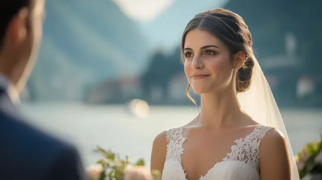 Brautportrait am See mit Berghintergrund