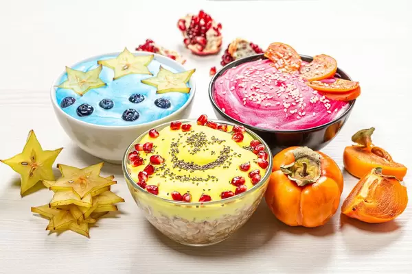 Breakfast set-oatmeal with fresh fruit, berries and seeds (Flip 2019)