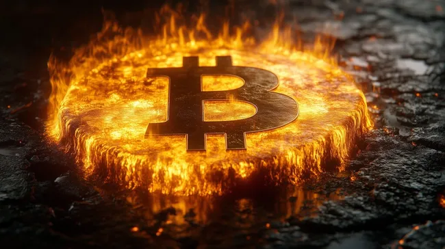 Brennende Bitcoin-Münze in lodernder Lava