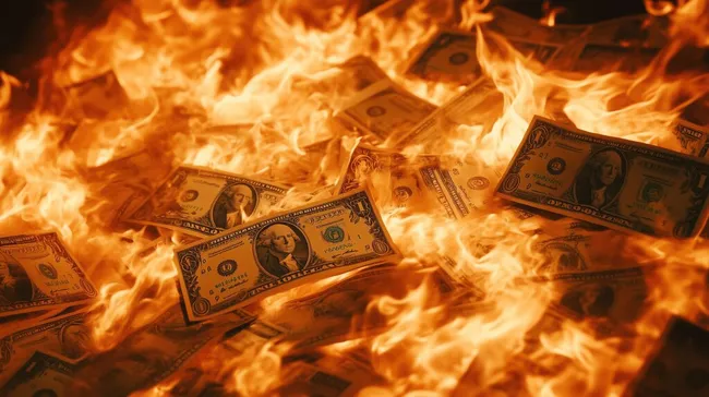 Brennende Dollar-Banknoten in lodernder Flamme