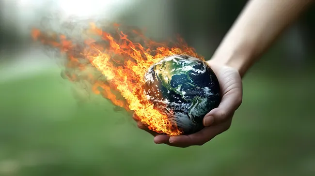 Brennende Erde in Menschenhand - Symbol für Umweltzerstörung