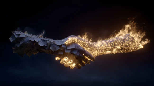 Brennende Handschlagfigur - Symbolfoto digitale Geschäftspartnerschaft