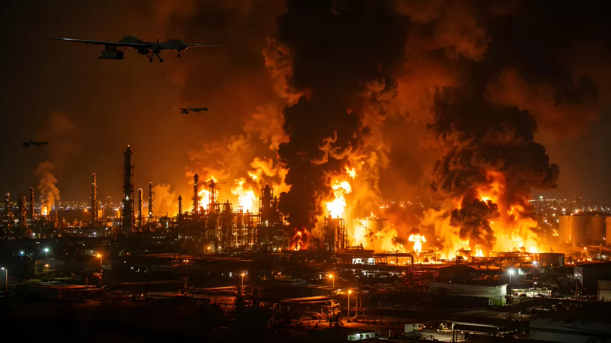 Brennende Industrieanlage bei Nacht mit Drohnen